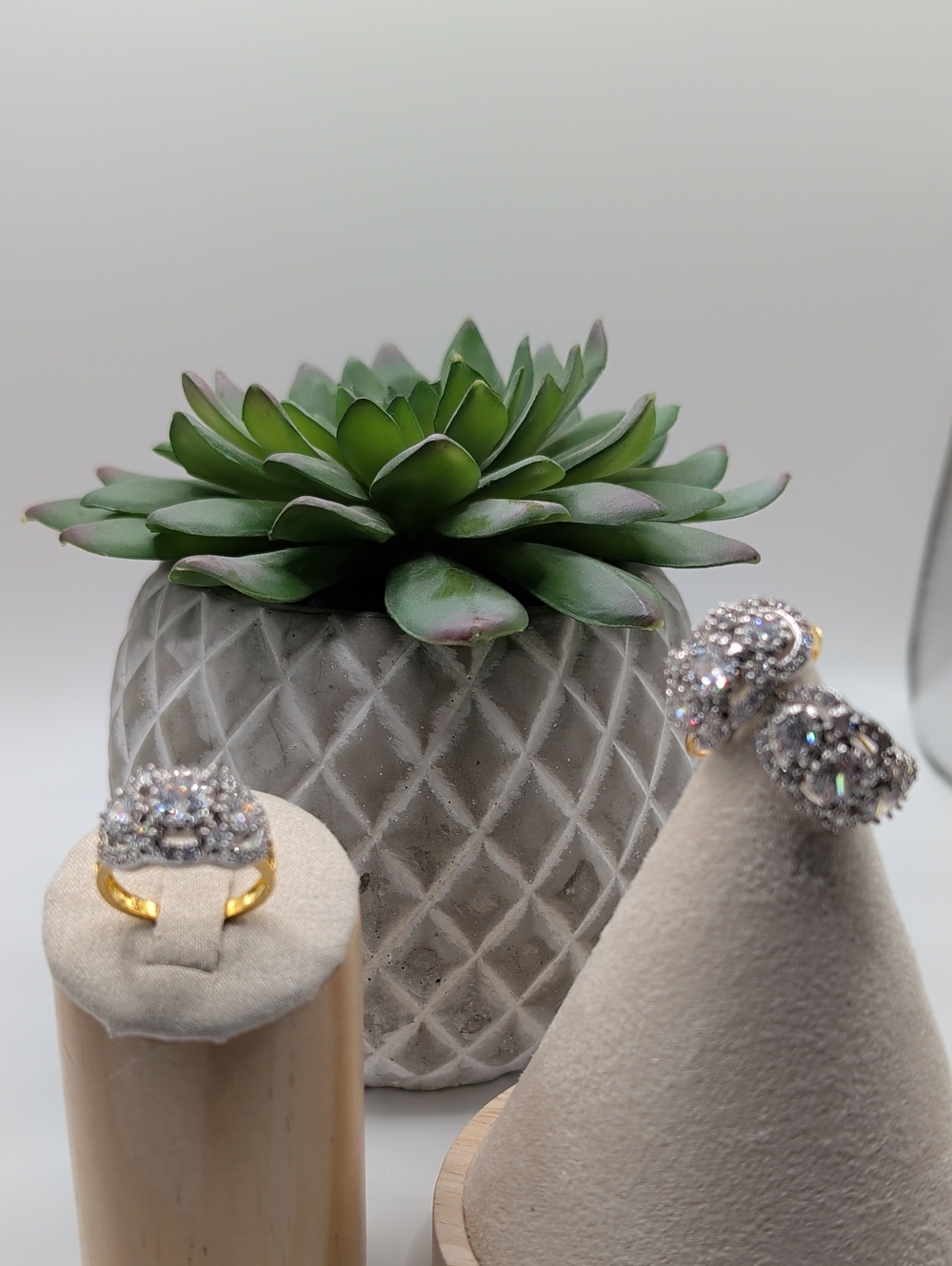 Vintage Two Tone Cushion Cut White Sapphire Ring And Earrings Set
